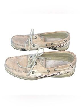 Sperry Tan Leather Boat Shoes with Leopard Accent women’s 7.5